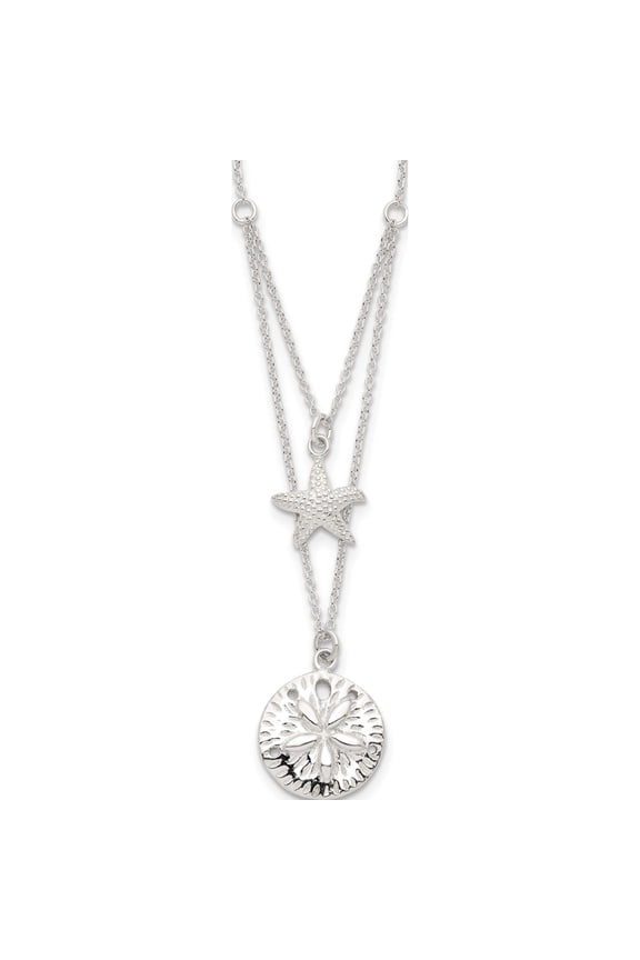 Sterling Silver Starfish And Sand Dollar 18 Inch 2-Strand Necklace Made In India qg4426-18
