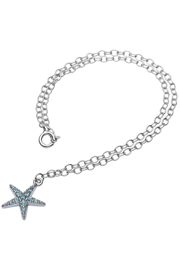 Sterling Silver Starfish Anklet with Aqua Crystals