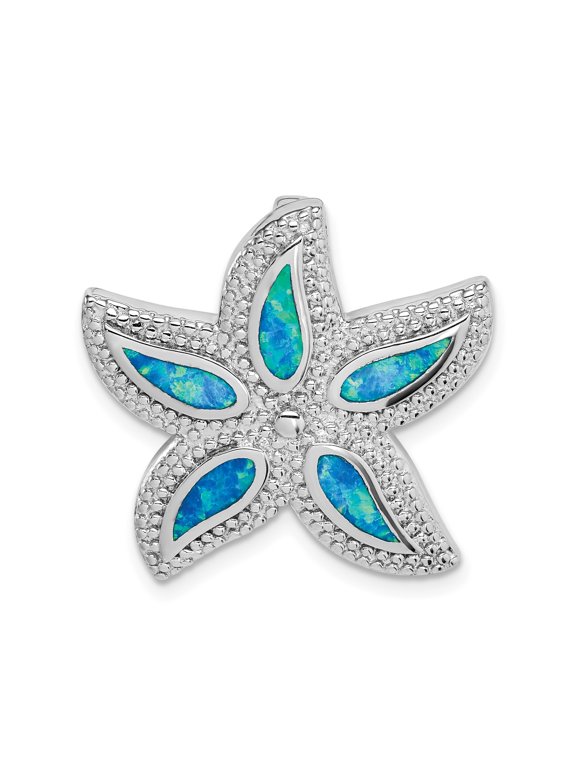 Sterling Silver Rhodium-Plated Polished Starfish Pendant Slide with Lab-Created Blue Opal