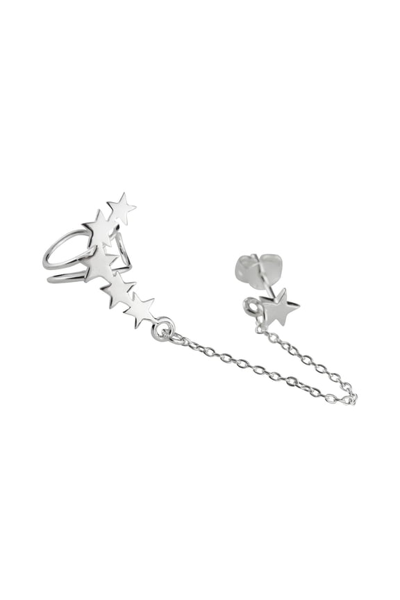 Sterling Silver Stars Ear Climber and Star Stud Earring with Connecting Chain for Right Ear Only