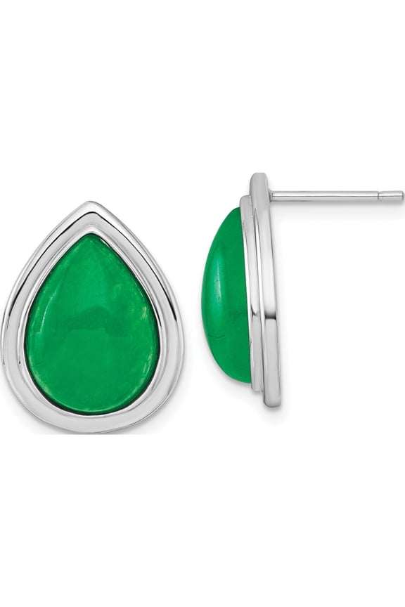 Sterling Silver Rhodium-plated Polished Pear-Shaped Dyed Jade Quartz Cabochon Post Earrings
