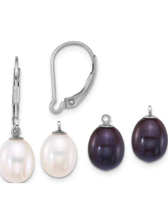 Sterling Silver Rhodium-plated 7-8mm Rice White and Black Freshwater Cultured Pearl 2-piece Enhancer and Leverback Earring Set