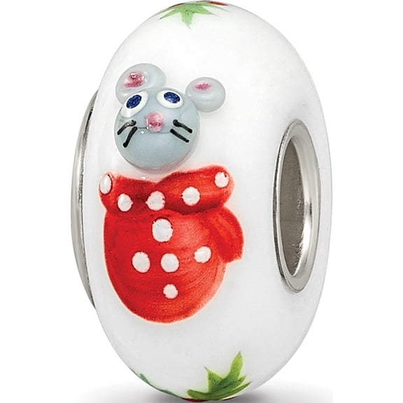 Sterling Silver Ster.Silver Reflections Hand Painted Christmas Mouse Fenton Glass Bead Made In United States qrs3615