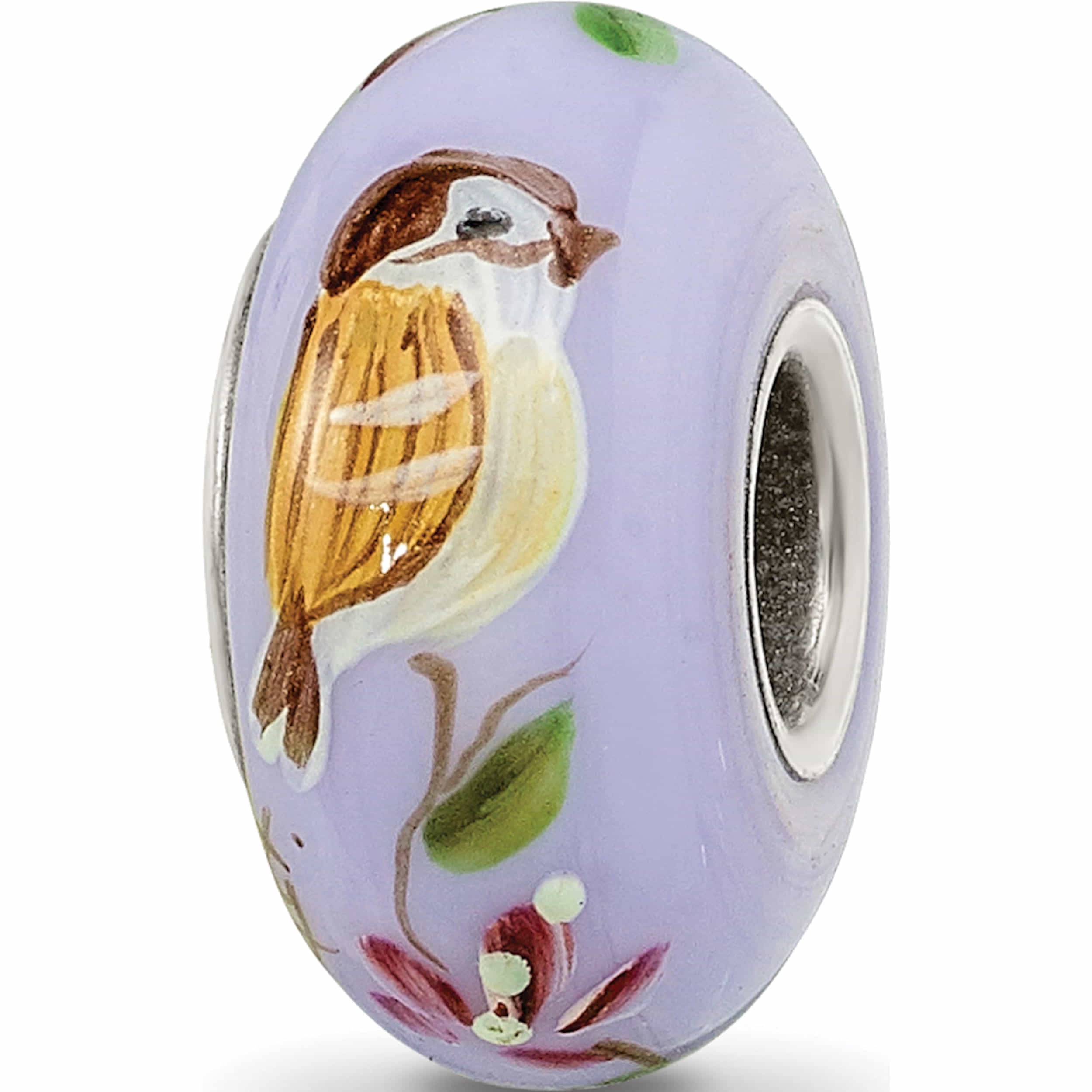 Sterling Silver Ster.Silver Reflections Hand Painted Sparrow Fenton Glass Bead Made In United States qrs3631