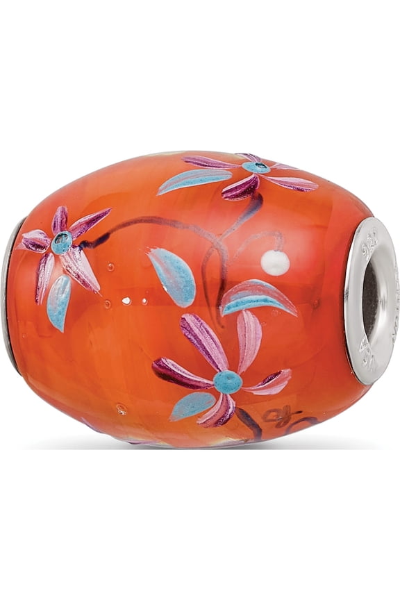 Sterling Silver Ster.Silver Reflections Orange Hand Painted Floral Fenton Glass Bead Made In United States qrs3641