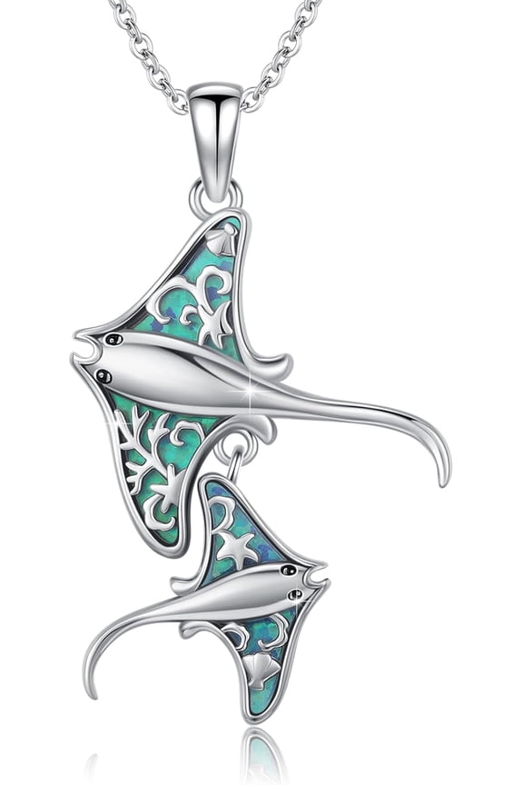 Sterling Silver Stingray Pendant Necklace with Blue Opal Inlay, Double Manta Ray Ocean Design, Ocean Animal Jewelry Pendant Gift for Women 18+2 Inch Adjustable Chain, 26x18mm