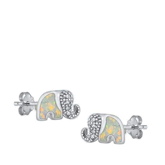 Sterling Silver Stud Clear CZ White Simulated Opal Elephant Earrings 925 New Jewelry Female