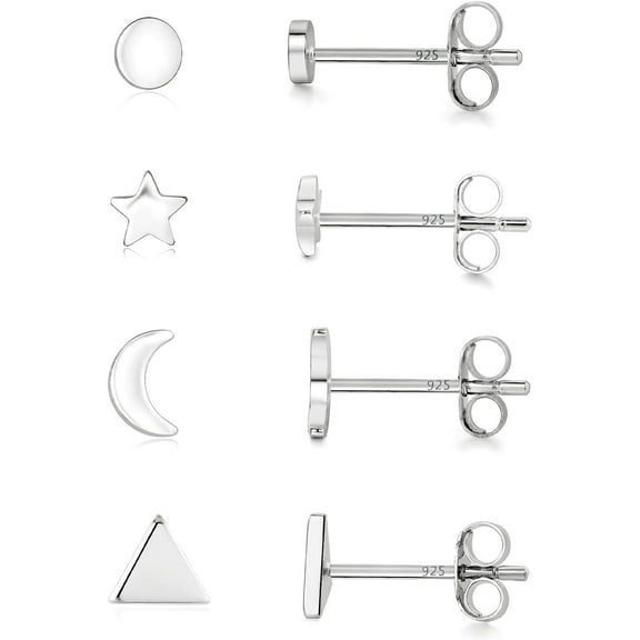 Sterling Silver Stud Earrings - 4 Pairs Small Silver Ball Earrings Triangle Stud Star Moon Round CZ Earrings Bar Earrings Set Hypoallergenic Cartilage Tragus Earrings