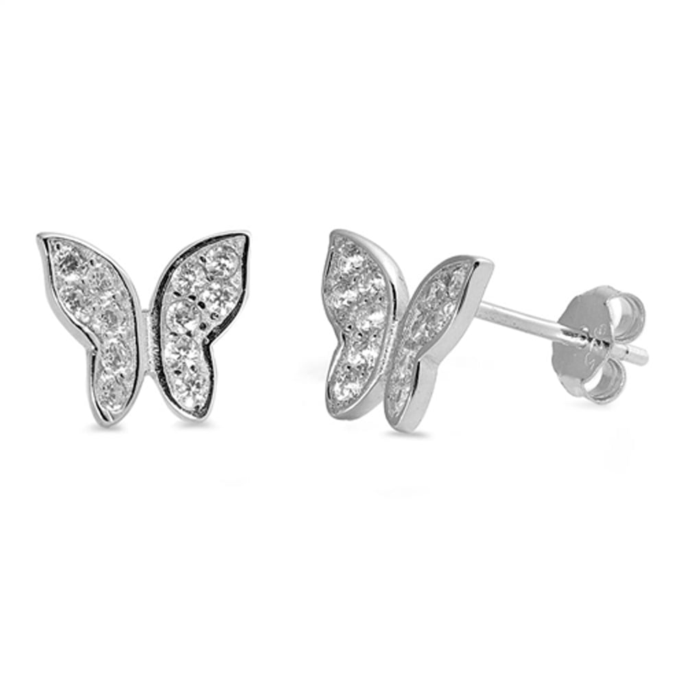 Sterling Silver Studded Butterfly Animal Romantic Earrings Clear Cubic Zirconia 925 Jewelry Female