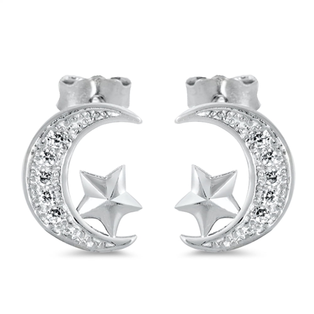 Sterling Silver Studded Crescent Moon Star Bow Celestial Earrings Clear CZ 925 Jewelry Female