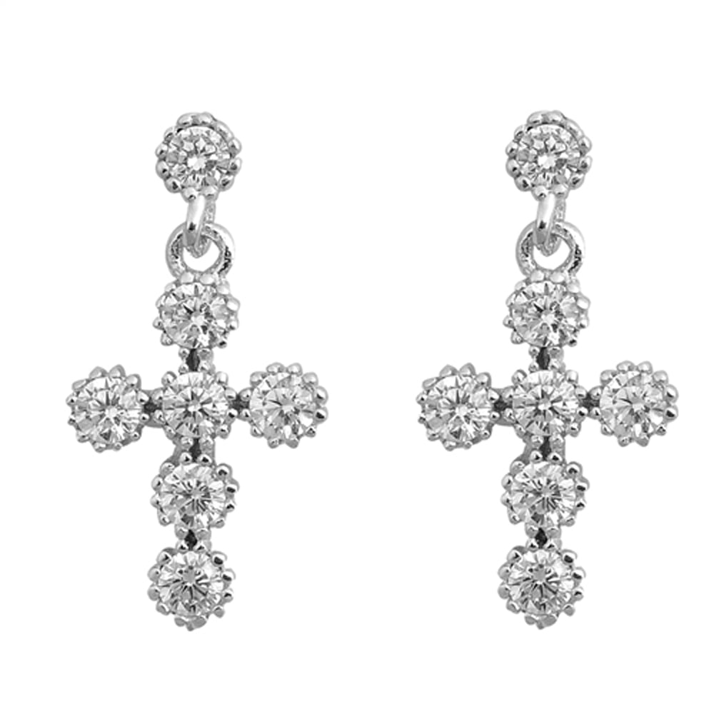 Sterling Silver Studded Cross Flower Elegant Dangle Earrings Clear Cubic Zirconia 925 Jewelry Female