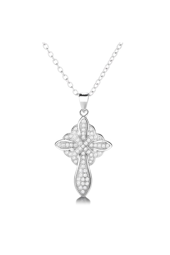 14K White Gold Plated  Studded Cross Pendant Necklace