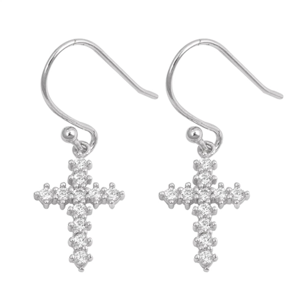 Sterling Silver Studded Dangling Cross Catholic Christian Earrings Clear CZ 925 Jewelry Female