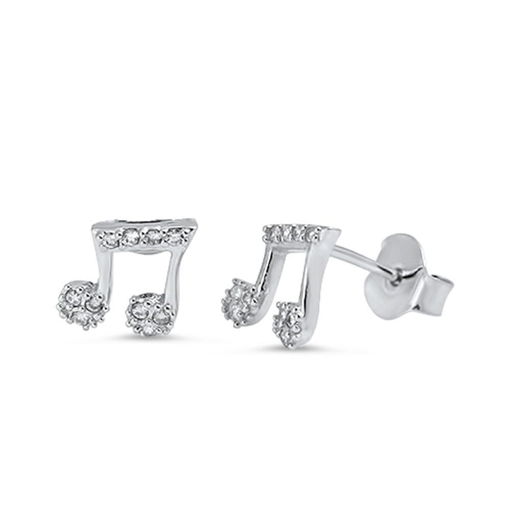 Sterling Silver Studded Music Note Choir Sing Earrings Clear Cubic Zirconia 925 Jewelry Female