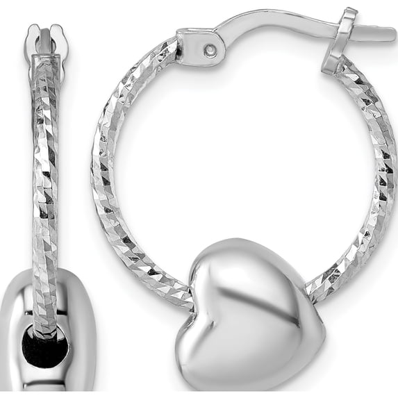 Sterling Silver Stunning, Lustrous Polished 22 Mm 17.5 Rhodium-Plated Twisted Diamond-Cut With Puffed Heart Bead Hoop Earrings