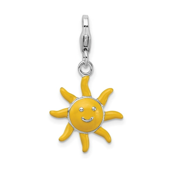 Sterling Silver Sun Charm Pendant with Yellow Enamel Smiling Face, Joyful Symbol of Positivity for Women or Unisex, Fits Necklace or Bracelet, Trendy Everyday Jewelry Accessory