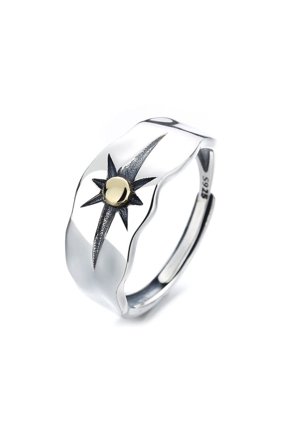 Sterling Silver Sun Ray Ring for Women Adjustable Inlaid Gemstone Fashion Jewelry Geometric Design