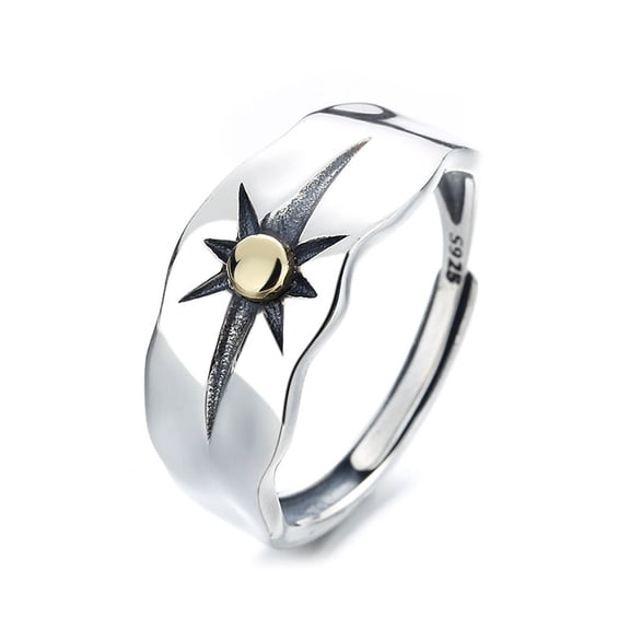 Sterling Silver Sun Ray Ring for Women Adjustable Inlaid Gemstone Fashion Jewelry Geometric Design