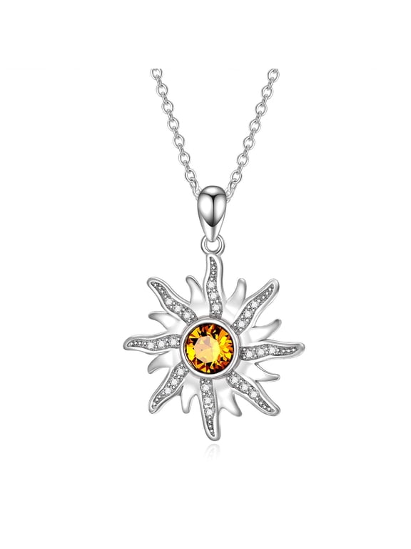 Sterling Silver Sun Sunburst Pendant Necklace with Citrine Austrian Crystal, November Birthstone Jewelry, Christmas Gift for Women