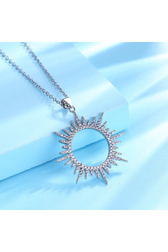Sterling Silver Sunburst Pendant Necklace with Simulated Diamonds