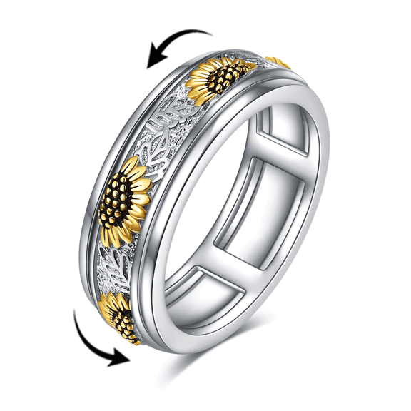 Sterling Silver Sunflower Flower Anxiety Spinner Rings Rotatable Fidget Rings for Women Relieve Stress Gift?7 Size?