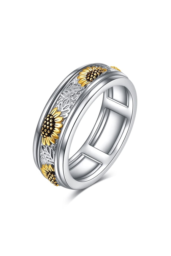 Sterling Silver Sunflower Flower Anxiety Spinner Rings Rotatable Fidget Rings for Women Relieve Stress Gift（7 Size）