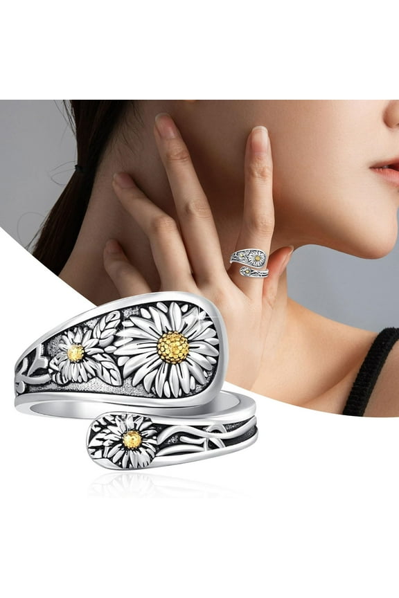 Sterling Silver Sunflower Spoon Ring - Adjustable Vintage Boho Ring for Women, Handcrafted Antique Flower Thumb Ring, Romantic Valentine's Gift