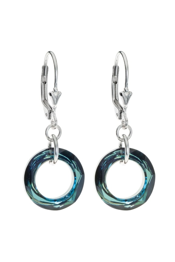 Sterling Silver Swarovski Elements Bermuda Blue Donut Crystal Dangle Earrings