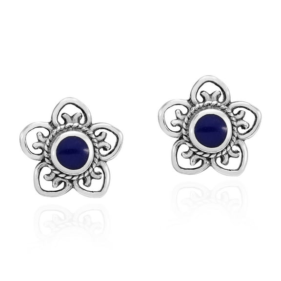 Sterling Silver Swirl Heart Flower Simulated Blue Lapis Inlays Stud Earrings