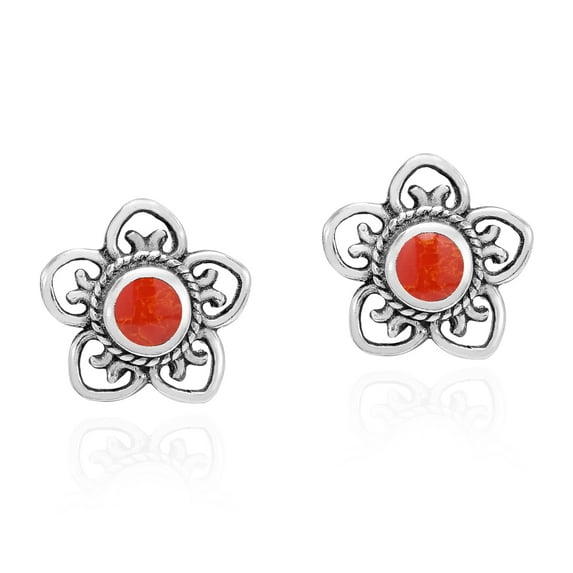 Sterling Silver Swirl Heart Petal Flower Red Coral Stud Earrings