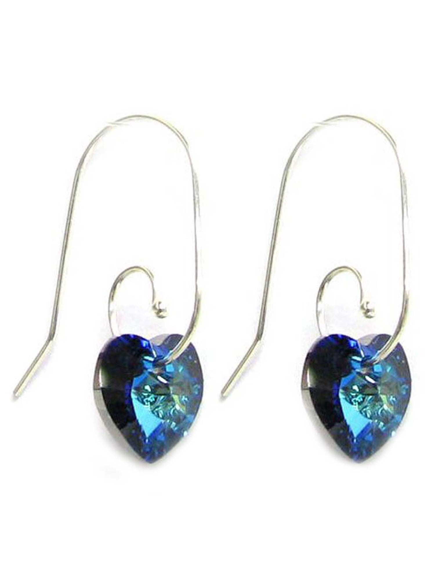 Sterling Silver Swirl Hook  Swarovski Elements Crystal Bermuda Blue Heart Drop Earrings