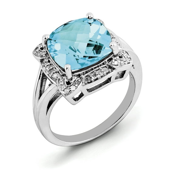 Sterling Silver Rhodium Checker-Cut Swiss Blue Topaz & Diam. Ring QR3317BT