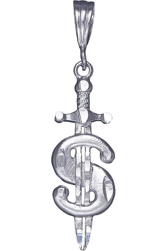 Sterling Silver Sword Dollar Sign Charm Pendant Necklace with Diamond Cut Finish and 24 Inch Figaro Chain