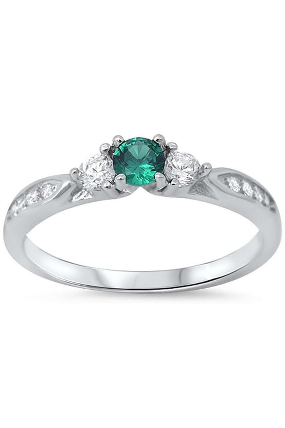 Sterling Silver Synthetic Emerald & Clear CZ Three Stone Ring Size 10