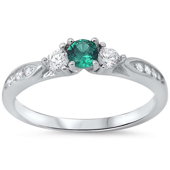 Sterling Silver Synthetic Emerald & Clear CZ Three Stone Ring Size 10