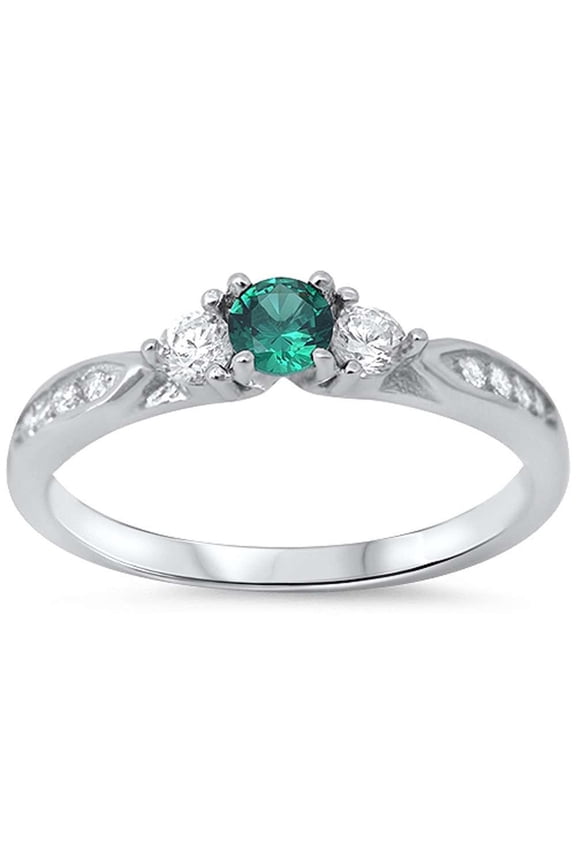 Sterling Silver Synthetic Emerald & Clear CZ Three Stone Ring Size 9