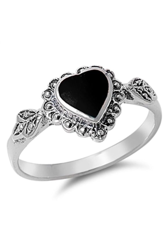 Sterling Silver Synthetic Onyx Heart Leaf Antique Ring Size 10
