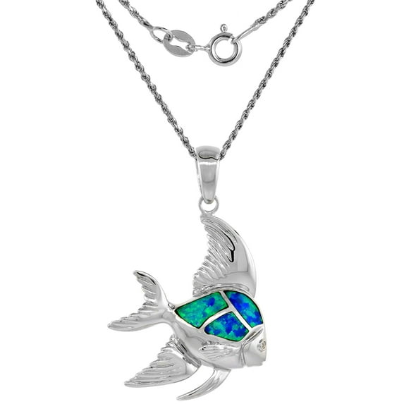 Sterling Silver Synthetic Opal Angelfish Necklace Cubic Zirconia Accent 1 3/8 inch 16 inch ROPH_25