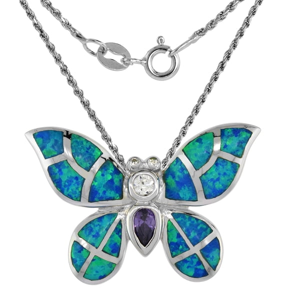 Sterling Silver Synthetic Opal Butterfly Necklace for Women Hand Inlay & CZ 16 inch ROPH_25