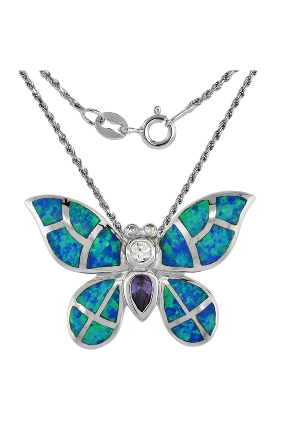 Sterling Silver Synthetic Opal Butterfly Necklace for Women Hand Inlay & CZ 20 inch ROPH_25