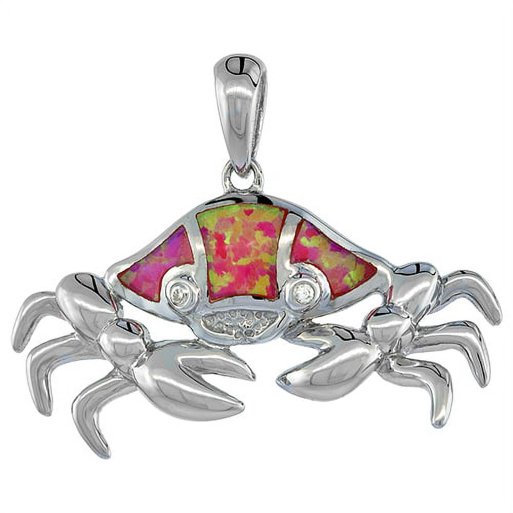 Sterling Silver Synthetic Pink Opal Crab Pendant Sign of Cancer Women CZ  Accent 1 3/16 inch wide