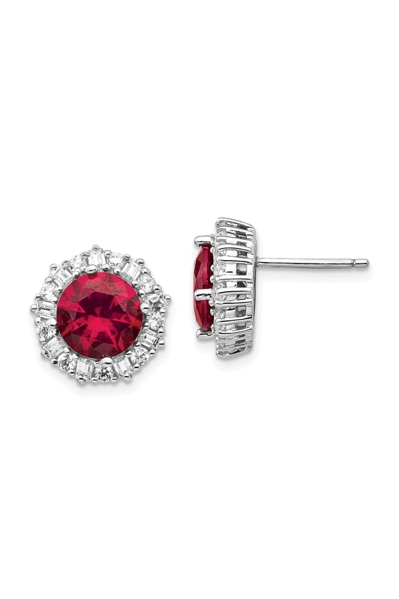 Sterling Silver Synthetic Ruby & CZ Post Earrings