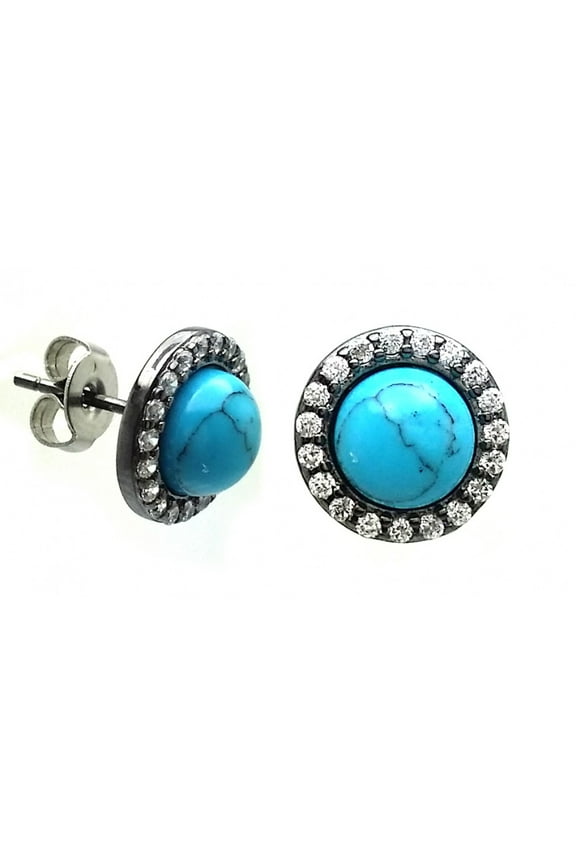Sterling Silver Synthetic Turquoise Center With Round CZ Stud Earrings