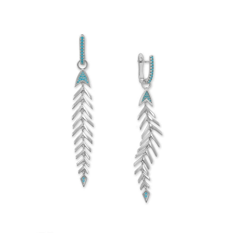 Fishbone Drop Hoop Earrings with Synthetic Turquoise Removeable Dangle Rhodium on Sterling Silver Fishbone Drop Hoop Earrings with Synthetic Turquoise Removeable Dangle Rhodium on Sterling Silver