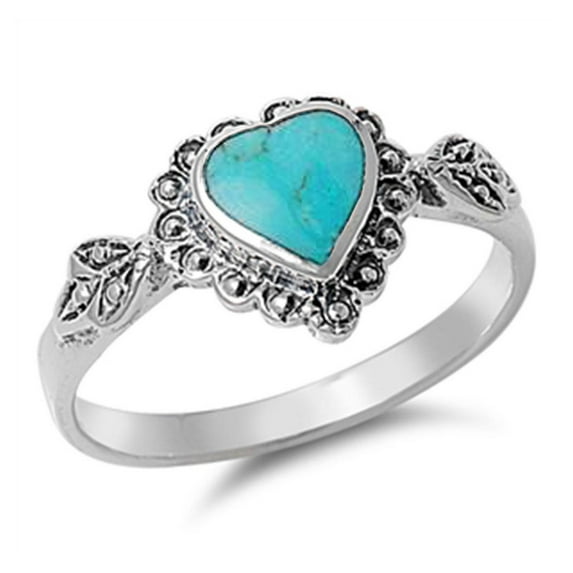 Sterling Silver Synthetic Turquoise Heart Leaf Antique Ring Size 10