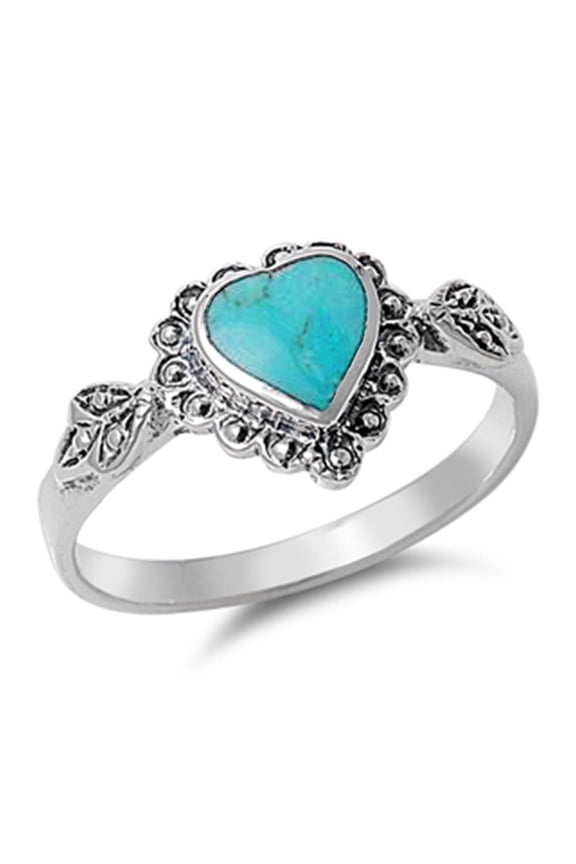 Sterling Silver Synthetic Turquoise Heart Leaf Antique Ring Size 9