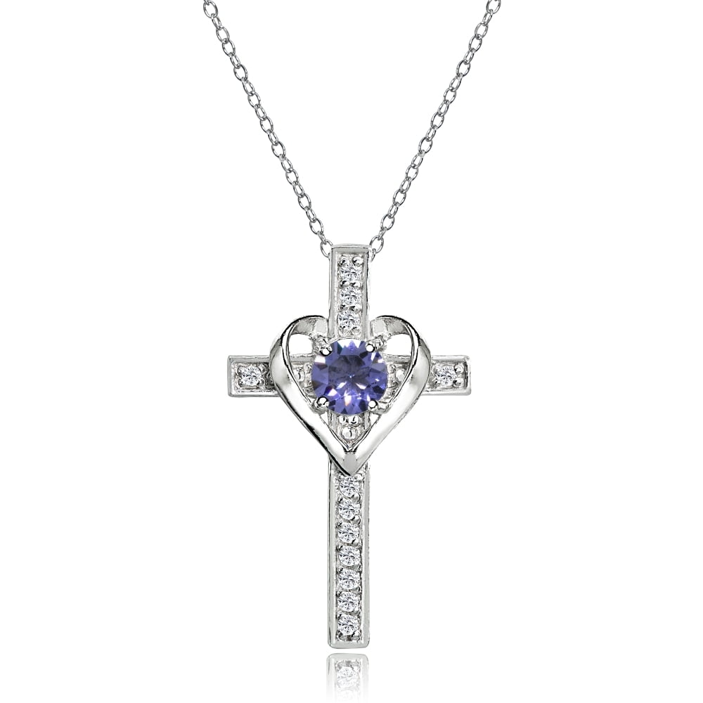 Sterling Silver Tanzanite and White Topaz Heart Cross Birthstone Pendant Necklace