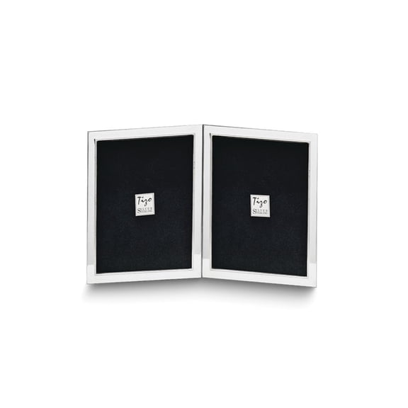 Sterling Silver Tarnish Resistant Narrow Portrait Hinged Beaded Double 2x3 Photo Frame with Finished Wood Back