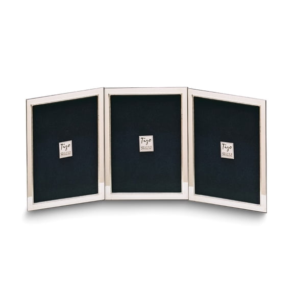 Sterling Silver Tarnish Resistant Narrow Portrait Hinged Beaded Triple 2x3 Photo Frame with Finished Wood Back