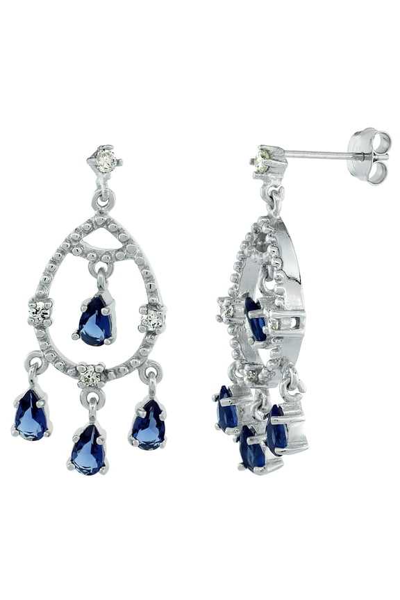 Sterling Silver Tear Drop Girandole CZ Earrings Blue & White Stones, 1 inch long